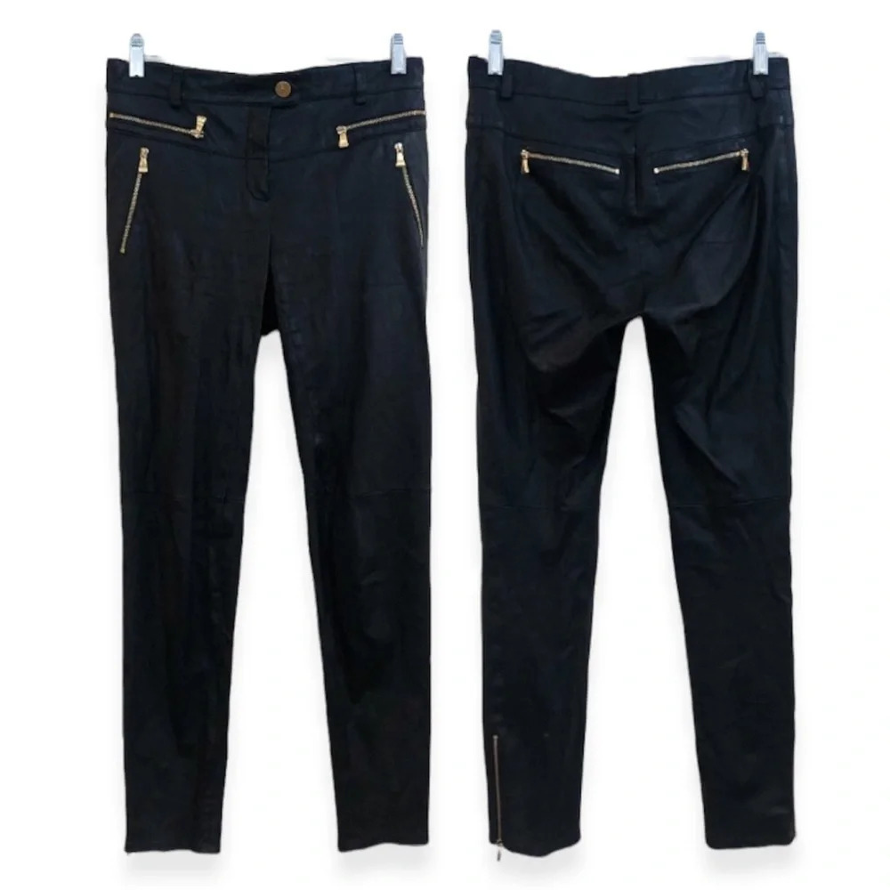 Escada Layla 100% Lamb Leather Gold Hardware Black Designer Skinny Pants ALTERED